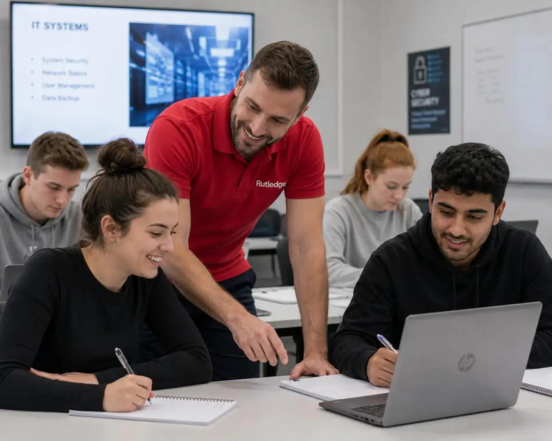 Rutledge team member working with apprentices in an IT systems classroom in Northern Ireland
