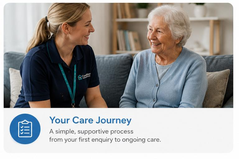 Rutledge carer in conversation with an older lady on a sofa during a home visit