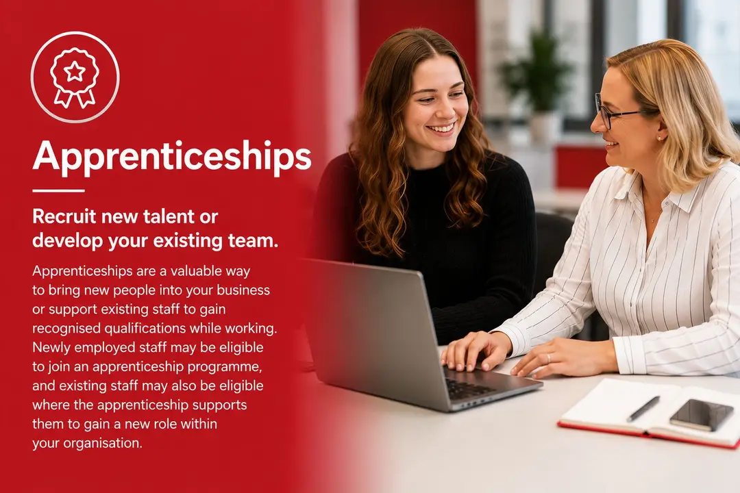 Apprentice and manager working together at a laptop in a Northern Ireland office