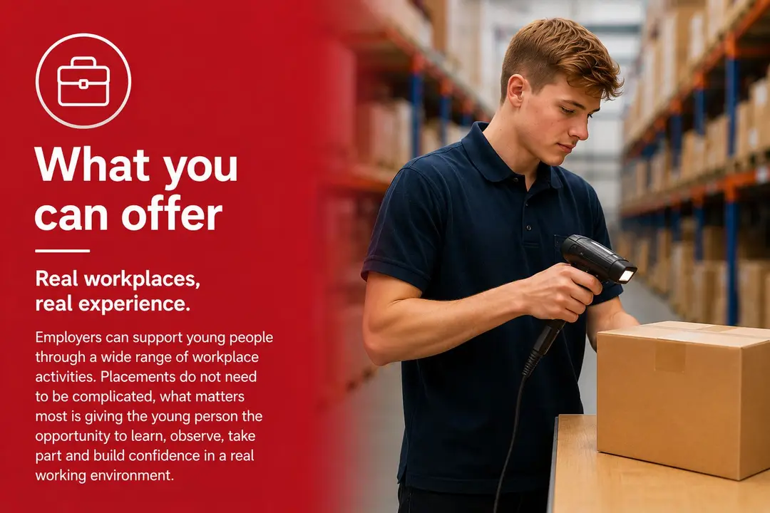 Young trainee scanning stock in a Northern Ireland warehouse during a workplace placement