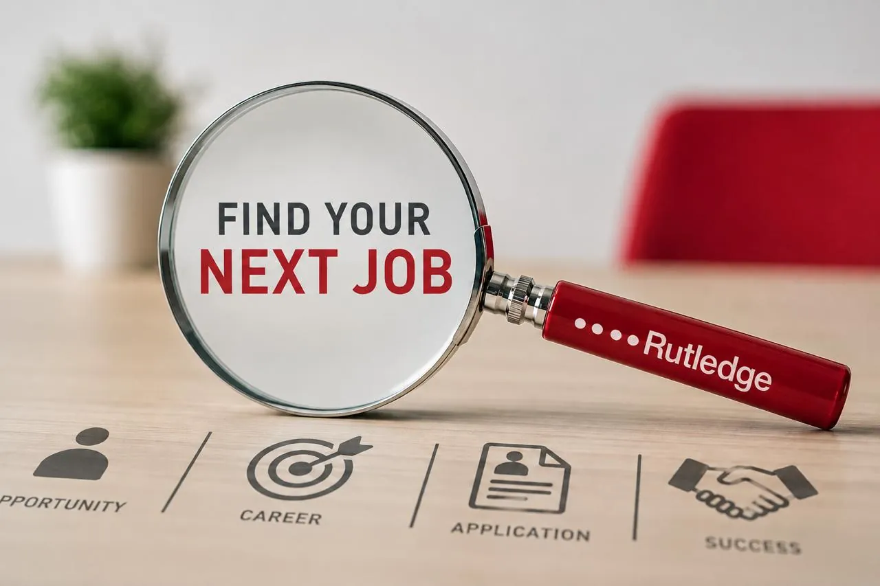 Magnifying glass with Rutledge branding over the words Find Your Next Job, sitting on a desk above icons for opportunity, career, application and success