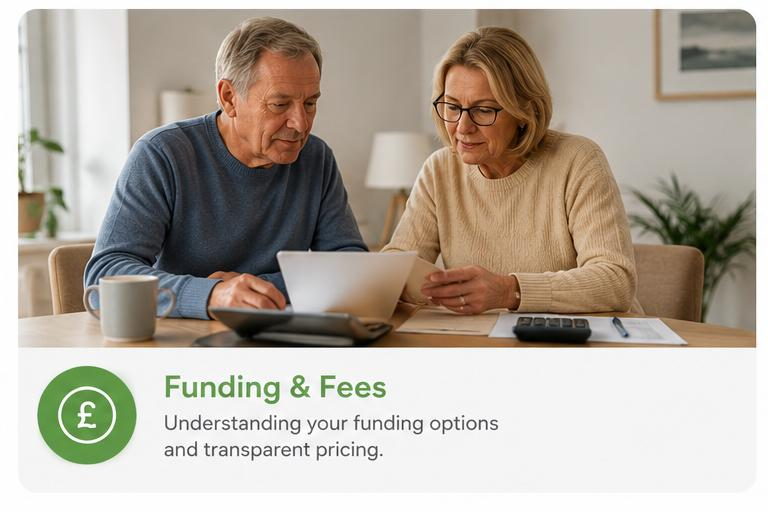 Older couple at a kitchen table reviewing care funding paperwork together
