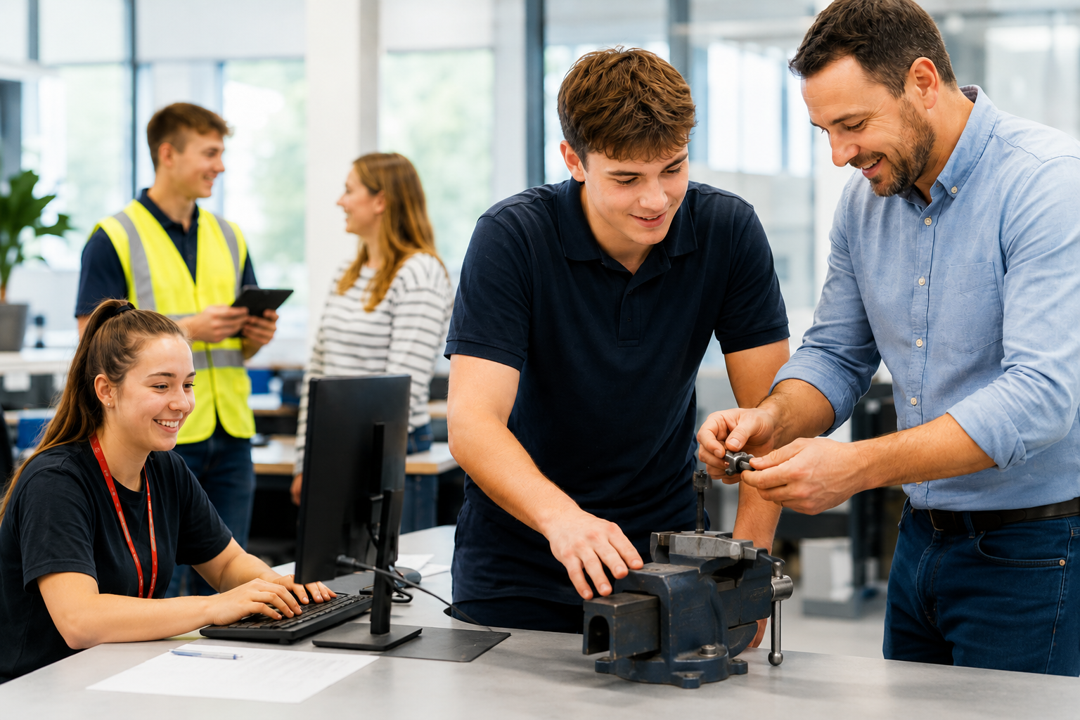 Rutledge tutor mentoring two young trainees in an engineering workshop in Northern Ireland