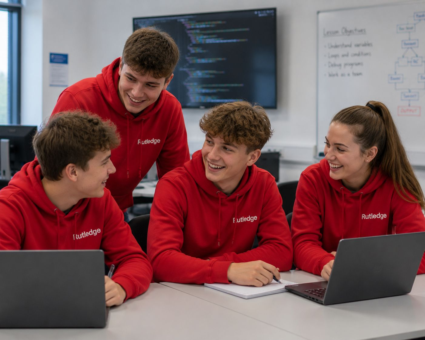 Young Rutledge trainees in red hoodies collaborating on laptops in a Northern Ireland training centre